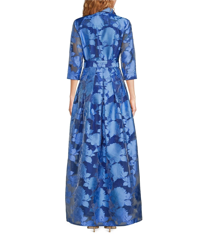 Abbey Glass Ceceilia Organza Floral Print Collared Neckline 3/4 Button Cuff Sleeve A-Line Gown