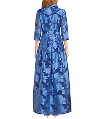 Abbey Glass Ceceilia Organza Floral Print Collared Neckline 3/4 Button Cuff Sleeve A-Line Gown
