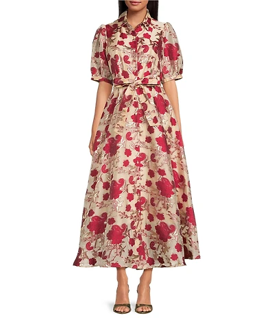 Abbey Glass Charlotte Metallic Petal Print Organza Belted Short Sleeve V-Neck Fit and Flare Maxi Dress