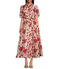 Abbey Glass Charlotte Metallic Petal Print Organza Belted Short Sleeve V-Neck Fit and Flare Maxi Dress