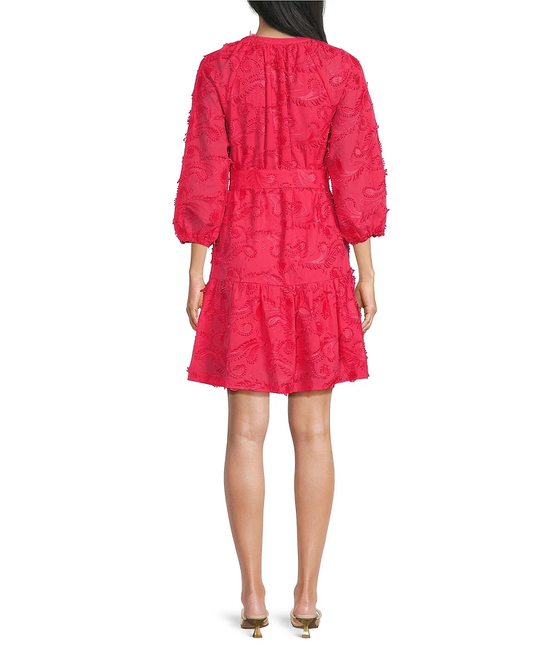 Abbey Glass Elise Organza Floral Print V-Neck 3/4 Sleeve Tiered Skirt A-Line Mini Dress