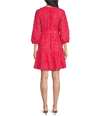 Abbey Glass Elise Organza Floral Print V-Neck 3/4 Sleeve Tiered Skirt A-Line Mini Dress