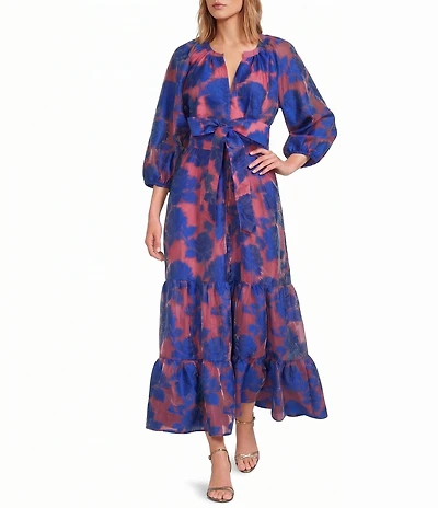 Abbey Glass Elise Organza Printed 3/4 Sleeve Tiered V-Neck Maxi Dress
