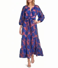 Abbey Glass Elise Organza Printed 3/4 Sleeve Tiered V-Neck Maxi Dress