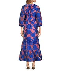 Abbey Glass Elise Organza Printed 3/4 Sleeve Tiered V-Neck Maxi Dress