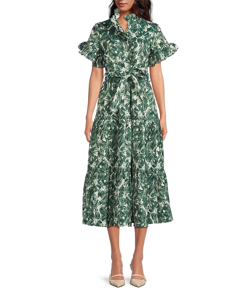 Abbey Glass Floral Hisbiscus Print Sadie Ruffle Stand Collar Short Sleeve Tie Waist Tiered Pocketed Midi Dress