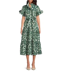 Abbey Glass Floral Hisbiscus Print Sadie Ruffle Stand Collar Short Sleeve Tie Waist Tiered Pocketed Midi Dress