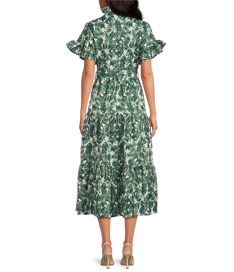 Abbey Glass Floral Hisbiscus Print Sadie Ruffle Stand Collar Short Sleeve Tie Waist Tiered Pocketed Midi Dress