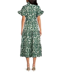 Abbey Glass Floral Hisbiscus Print Sadie Ruffle Stand Collar Short Sleeve Tie Waist Tiered Pocketed Midi Dress