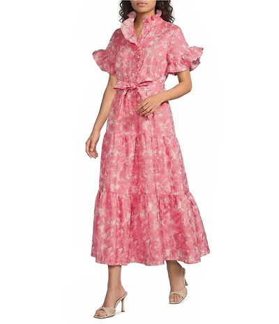 Abbey Glass Floral Print Sadie Ruffle Stand Collar Short Sleeve Tie Waist Tiered Pocketed Midi Dress