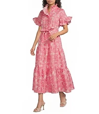 Abbey Glass Floral Print Sadie Ruffle Stand Collar Short Sleeve Tie Waist Tiered Pocketed Midi Dress