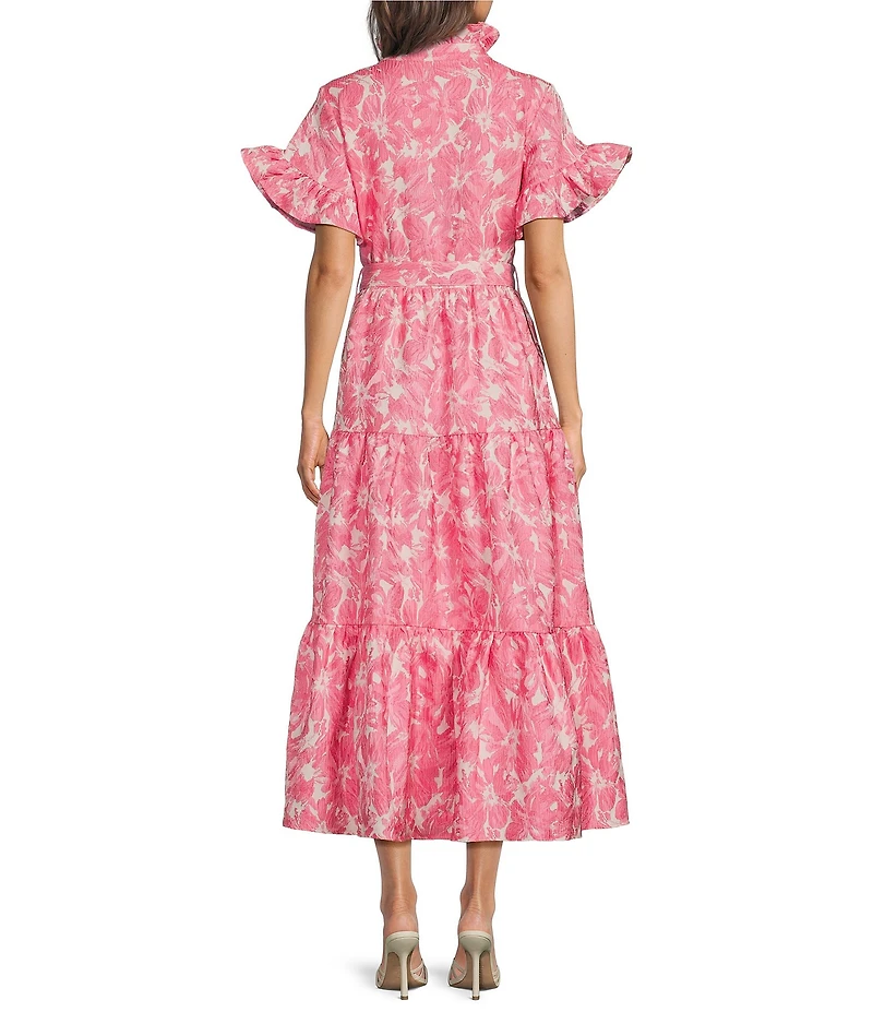 Abbey Glass Floral Print Sadie Ruffle Stand Collar Short Sleeve Tie Waist Tiered Pocketed Midi Dress