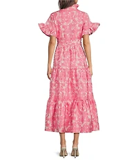 Abbey Glass Floral Print Sadie Ruffle Stand Collar Short Sleeve Tie Waist Tiered Pocketed Midi Dress