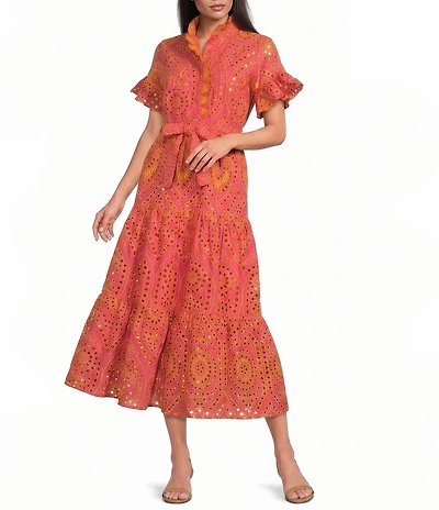 Abbey Glass Floral Print Sadie Ruffle Stand Collar Short Sleeve Tie Waist Tiered Pocketed Midi Dress