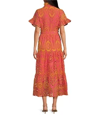 Abbey Glass Floral Print Sadie Ruffle Stand Collar Short Sleeve Tie Waist Tiered Pocketed Midi Dress