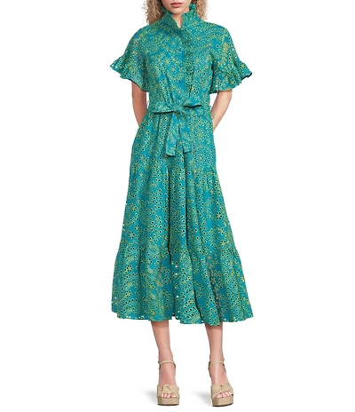 Abbey Glass Floral Print Sadie Ruffle Stand Collar Short Sleeve Tie Waist Tiered Pocketed Midi Dress