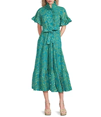 Abbey Glass Floral Print Sadie Ruffle Stand Collar Short Sleeve Tie Waist Tiered Pocketed Midi Dress