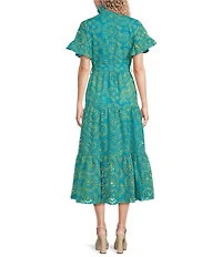 Abbey Glass Floral Print Sadie Ruffle Stand Collar Short Sleeve Tie Waist Tiered Pocketed Midi Dress