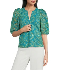 Abbey Glass Florence Eyelet 3/4 Puff Sleeve Blouse