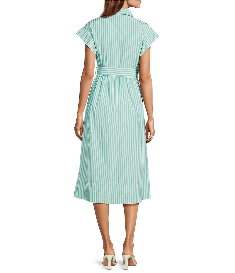 Abbey Glass Harper Stripe Print Button Down Collar Short Sleeve Poplin Midi Dress