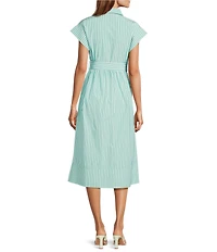 Abbey Glass Harper Stripe Print Button Down Collar Short Sleeve Poplin Midi Dress