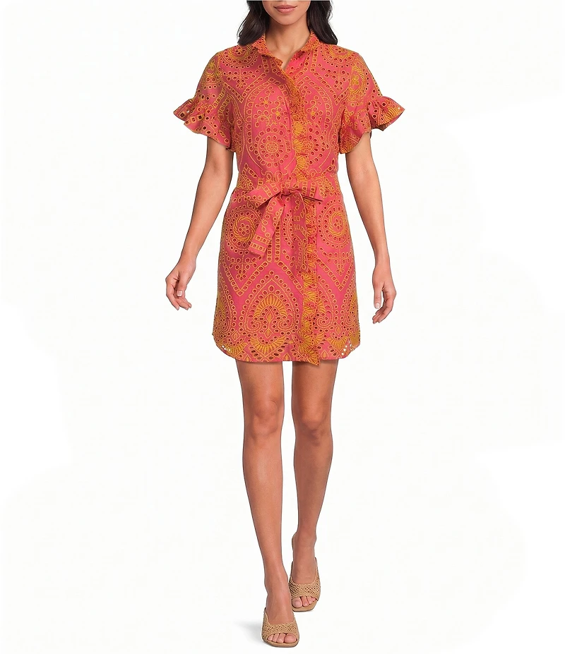 Abbey Glass Katie Button Down Collar Short Sleeve Eyelet Mini Shirt Dress