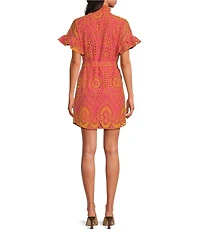 Abbey Glass Katie Button Down Collar Short Sleeve Eyelet Mini Shirt Dress