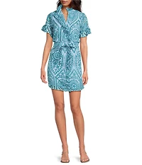 Abbey Glass Katie Button Down Collar Short Sleeve Eyelet Mini Shirt Dress