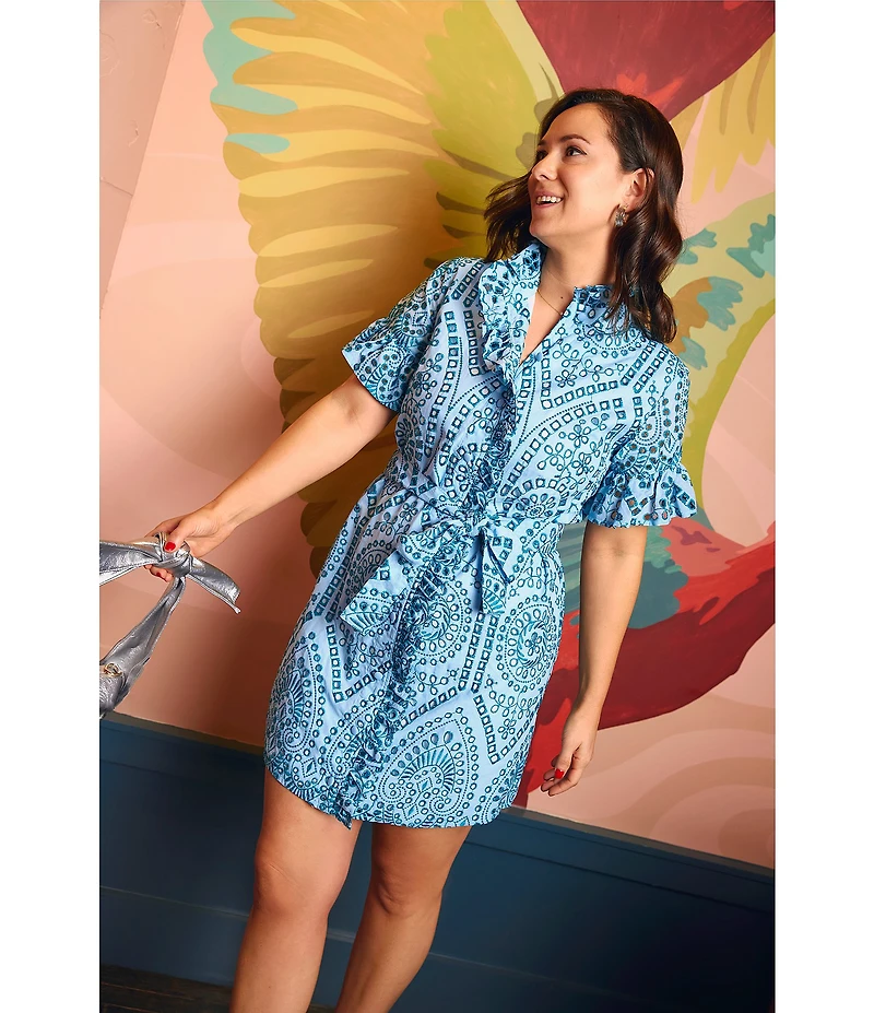 Abbey Glass Katie Button Down Collar Short Sleeve Eyelet Mini Shirt Dress