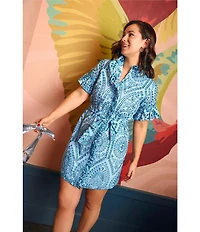 Abbey Glass Katie Button Down Collar Short Sleeve Eyelet Mini Shirt Dress