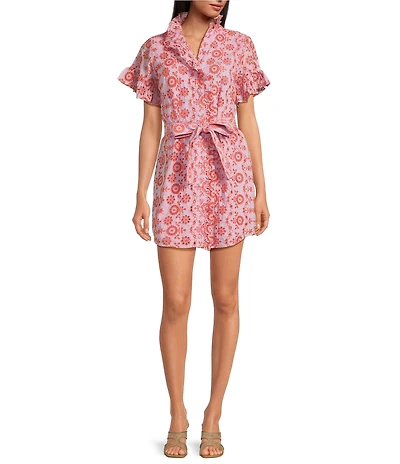 Abbey Glass Katie Button Down Collar Short Sleeve Eyelet Mini Shirt Dress