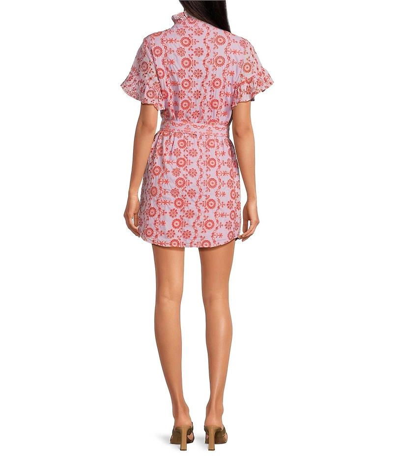 Abbey Glass Katie Button Down Collar Short Sleeve Eyelet Mini Shirt Dress