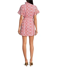 Abbey Glass Katie Button Down Collar Short Sleeve Eyelet Mini Shirt Dress