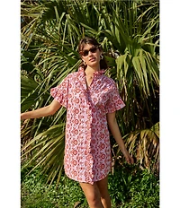 Abbey Glass Katie Button Down Collar Short Sleeve Eyelet Mini Shirt Dress
