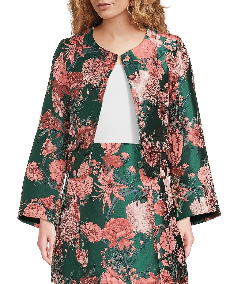 Abbey Glass Kennedy Coordinating Floral Jacquard Bell Sleeve Cropped Jacket