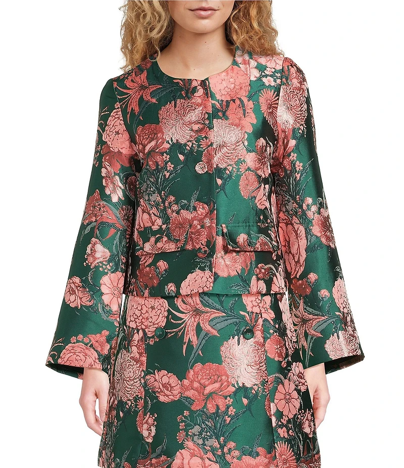 Abbey Glass Kennedy Coordinating Floral Jacquard Bell Sleeve Cropped Jacket