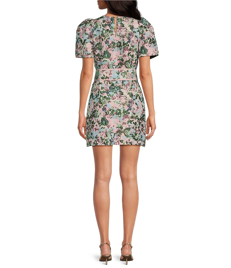 Abbey Glass Marty Floral Print Jacquard Crew Neckline Short Sleeve Mini Dress
