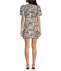 Abbey Glass Marty Floral Print Jacquard Crew Neckline Short Sleeve Mini Dress