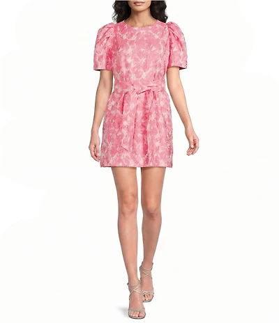Abbey Glass Marty Floral Print Jacquard Crew Neckline Short Sleeve Mini Dress