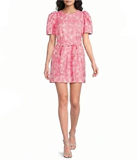 Abbey Glass Marty Floral Print Jacquard Crew Neckline Short Sleeve Mini Dress