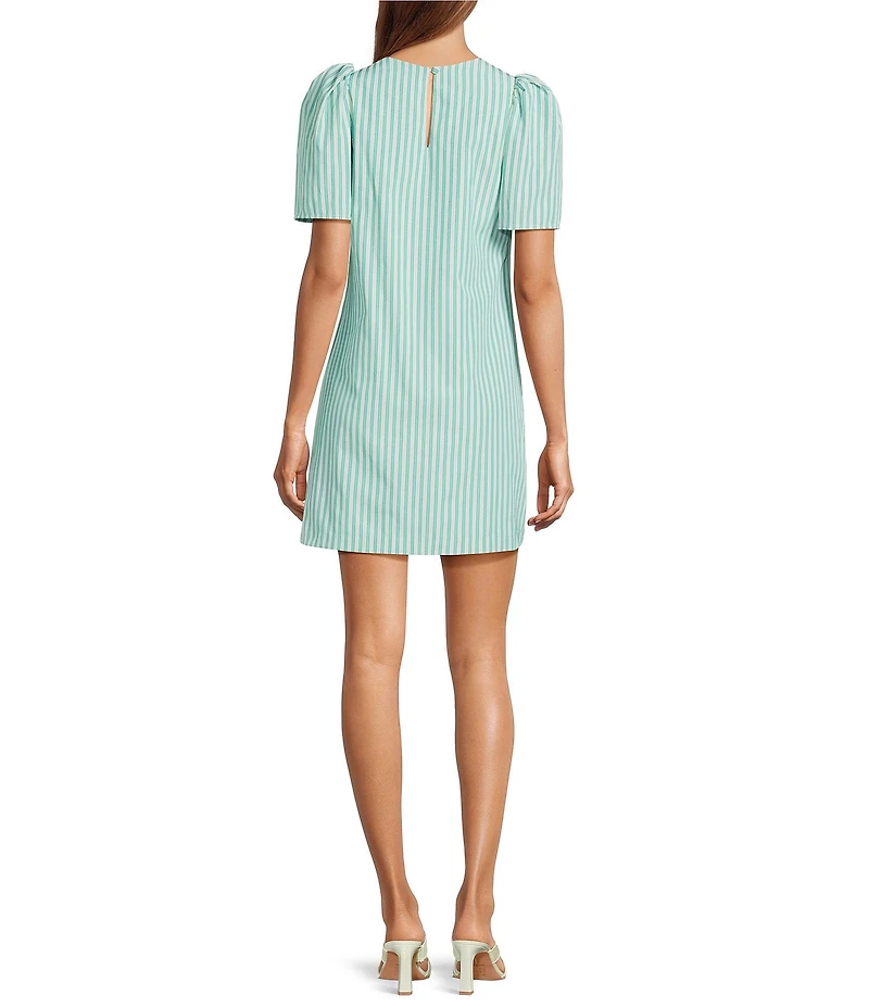 Abbey Glass Marty Stripe Print Crew Neckline Short Puff Sleeve Poplin Mini Shift Dress