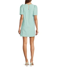 Abbey Glass Marty Stripe Print Crew Neckline Short Puff Sleeve Poplin Mini Shift Dress