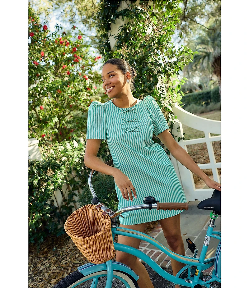 Abbey Glass Marty Stripe Print Crew Neckline Short Puff Sleeve Poplin Mini Shift Dress