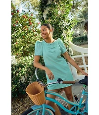 Abbey Glass Marty Stripe Print Crew Neckline Short Puff Sleeve Poplin Mini Shift Dress