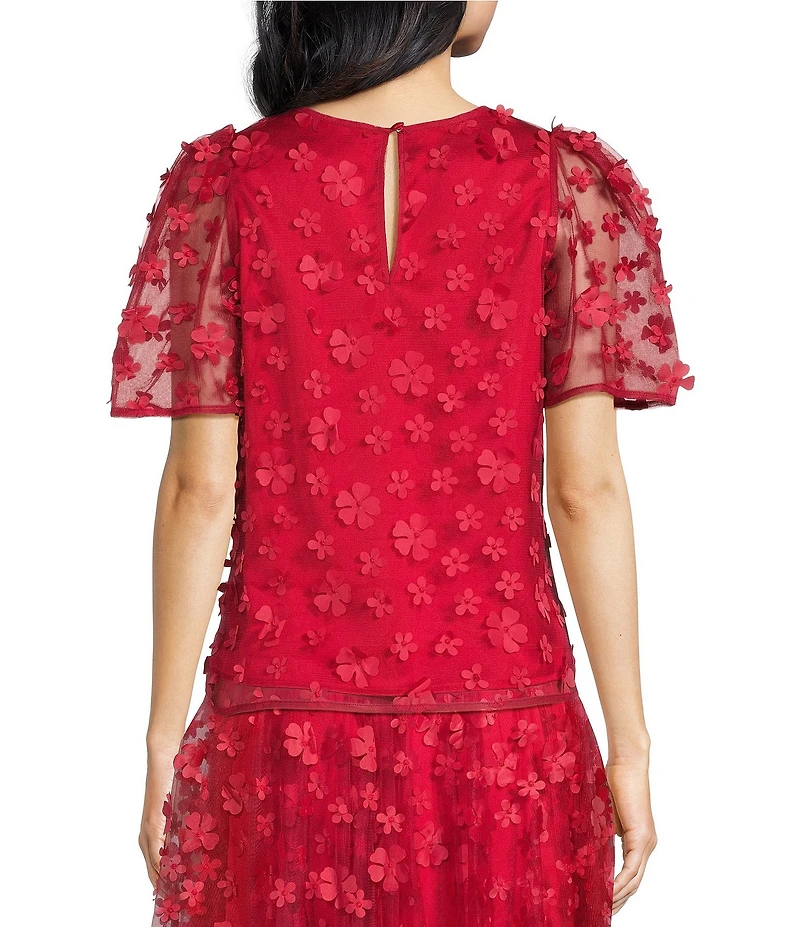 Abbey Glass Marty Woven Floral Lace Crew Neck Sheer Short Puff Sleeve Blouse