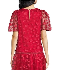 Abbey Glass Marty Woven Floral Lace Crew Neck Sheer Short Puff Sleeve Blouse