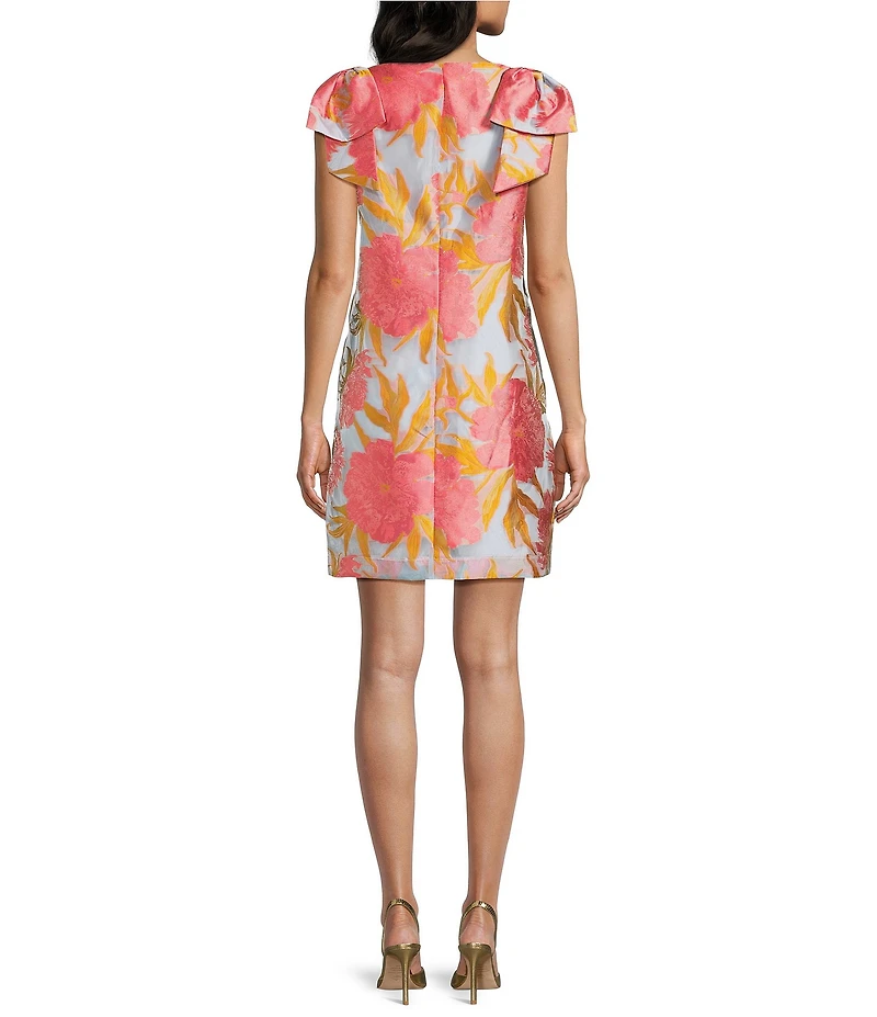 Abbey Glass Meredith Jacquard Floral Print Sleeveless Bow V-Neckline Shift Dress