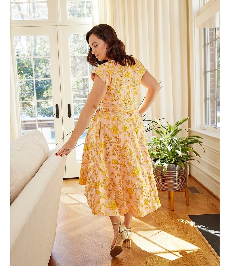 Abbey Glass Olivia Floral Jacquard Crew Neck Short Sleeve Self-Tie Belt Midi Dress