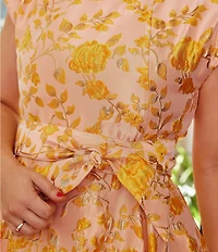 Abbey Glass Olivia Floral Jacquard Crew Neck Short Sleeve Self-Tie Belt Midi Dress