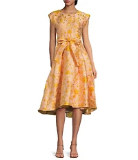 Abbey Glass Olivia Floral Jacquard Crew Neck Short Sleeve Self-Tie Belt Midi Dress